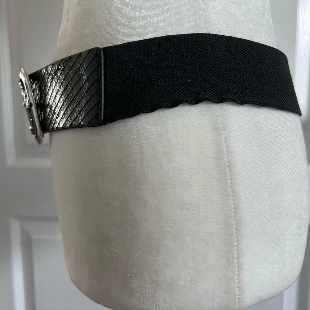 Black Wide Stretch Belt with Silver Statement Buckle Textured Faux Leather
